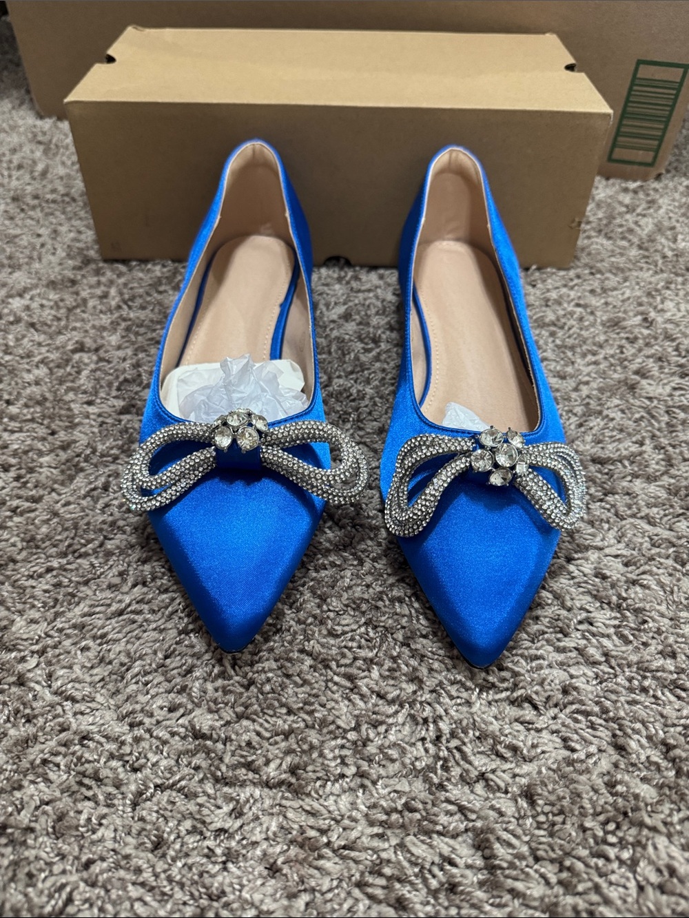 Satin Pointed Toe Blue Flats with Crystal Bow Accent